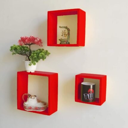 Red Wooden Wall Shelves Set - 3 Pieces